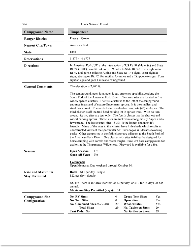 U.S. National Forest Campground Guide Intermountain Region Sample