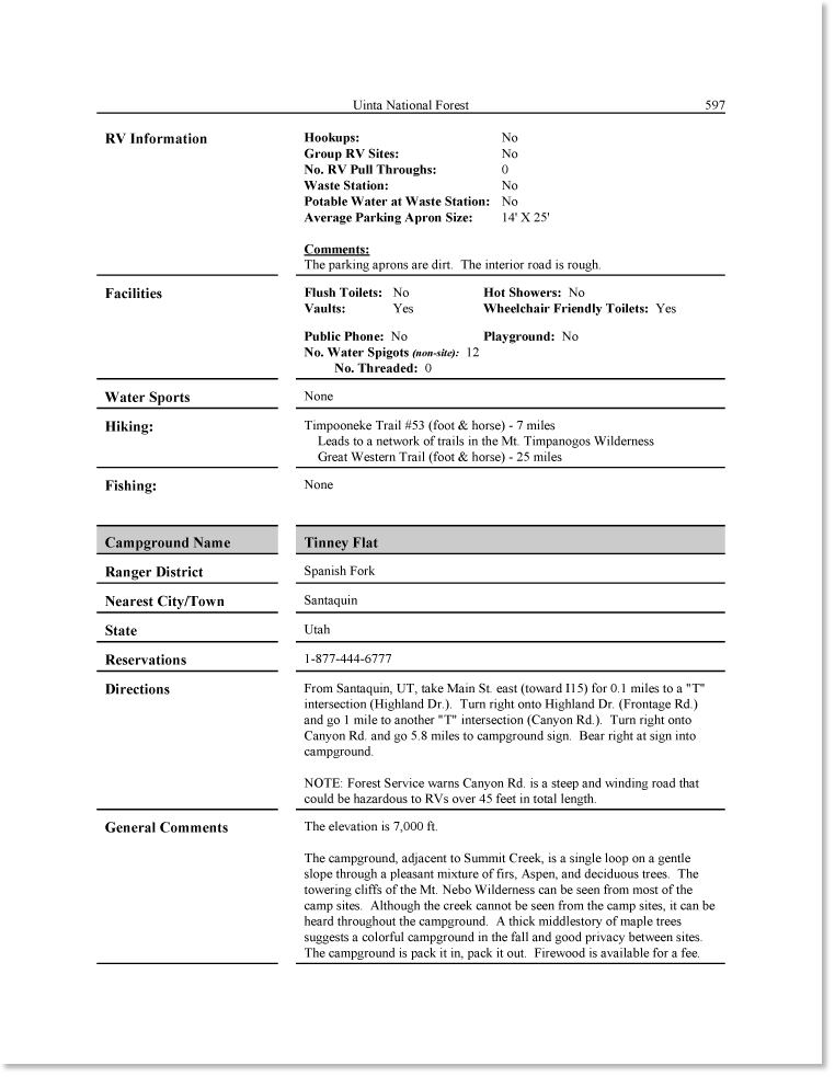 U.S. National Forest Campground Guide Intermountain Region Sample